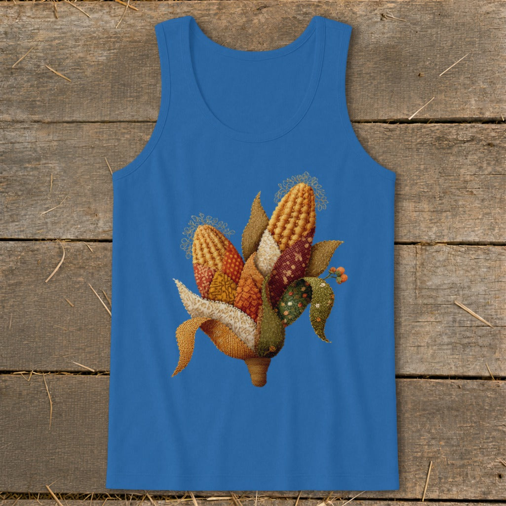 Blue tank top with decorative embroidered corn husks and stalks.