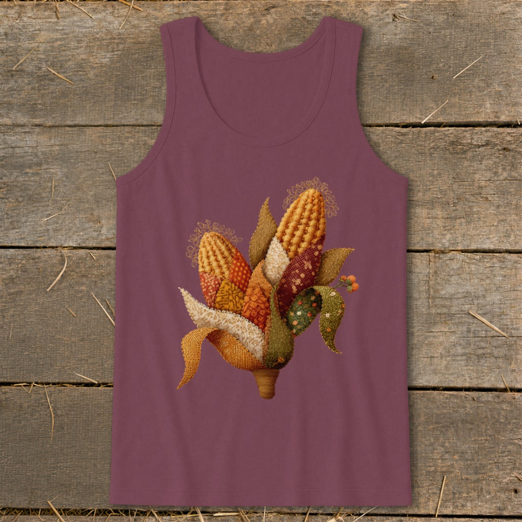 Maroon tank top with a quilted corn and leaf applique design.