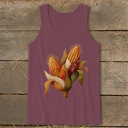 Maroon tank top with a quilted corn and leaf applique design.