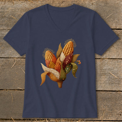 Navy V-neck t-shirt featuring a colorful corn husk and kernel embroidered graphic.
