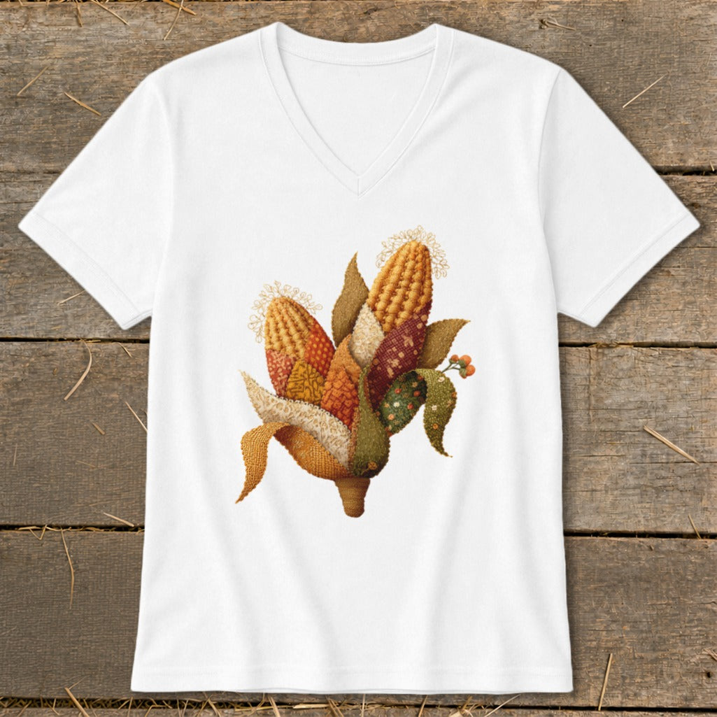 White v-neck t-shirt with a stylized corn stalk design in autumn colors.