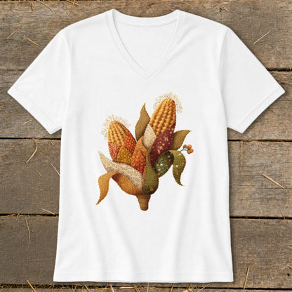 White v-neck t-shirt with a stylized corn stalk design in autumn colors.