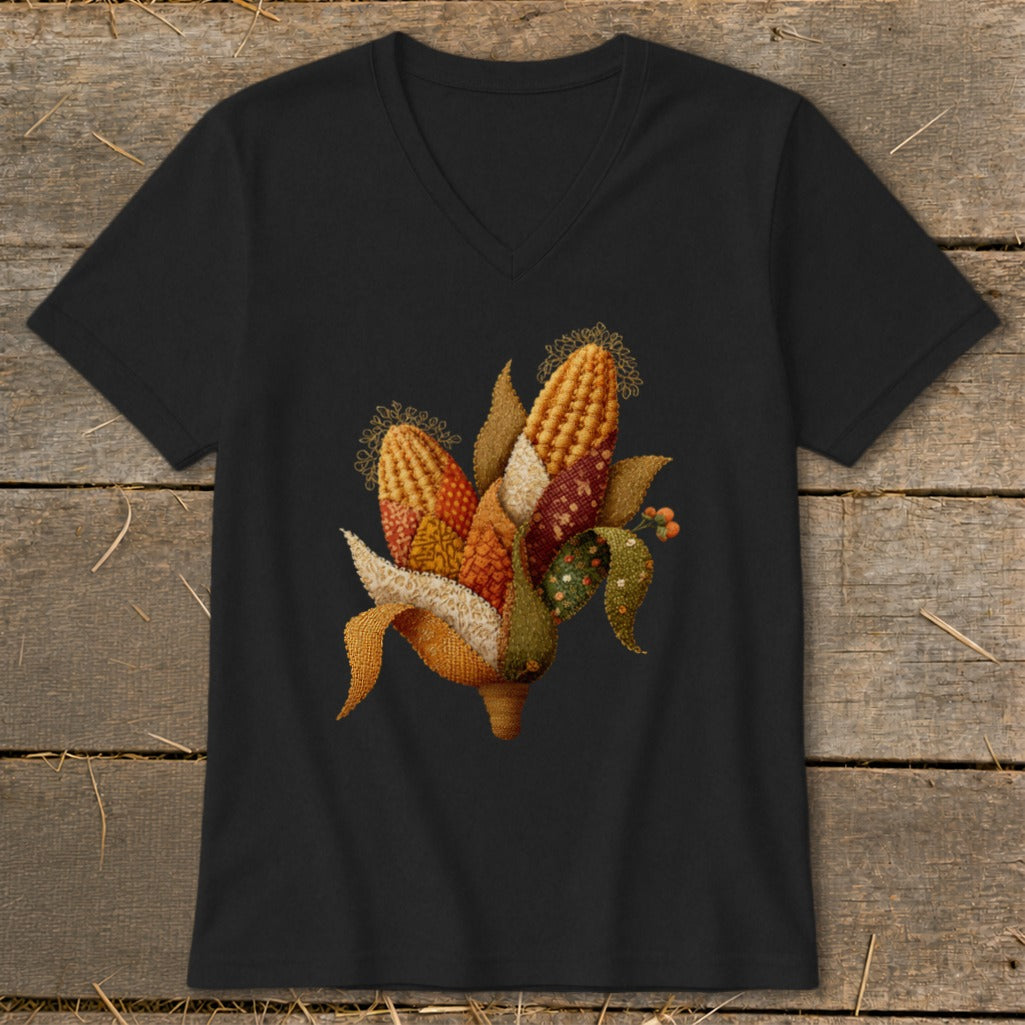 Black v-neck t-shirt with a stylized harvest corn illustration on the front.