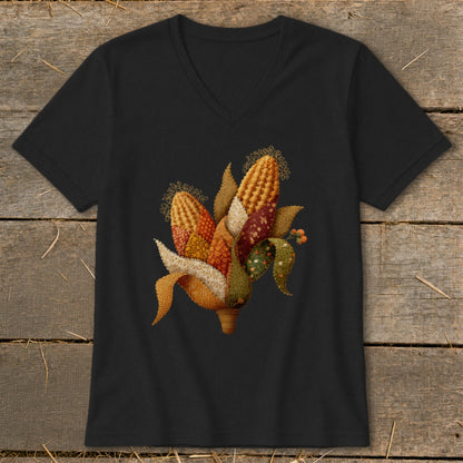 Black v-neck t-shirt with a stylized harvest corn illustration on the front.