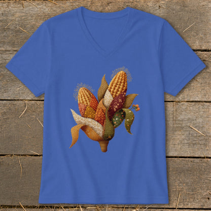 Blue v-neck t-shirt with a stylized embroidery of ears of corn and leaves.