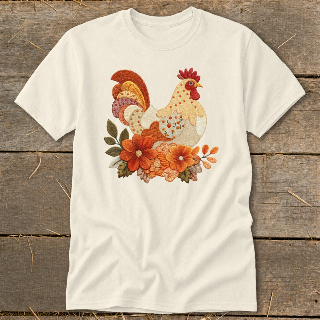 Off-white crewneck t-shirt featuring an embroidered rooster and autumn floral design on the chest.