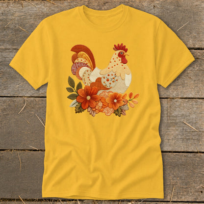 Yellow crewneck t-shirt featuring an embroidered colorful rooster and autumn flowers on the chest.