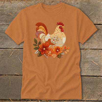 Rust orange short-sleeve t-shirt featuring a detailed embroidered rooster design surrounded by autumn flowers.