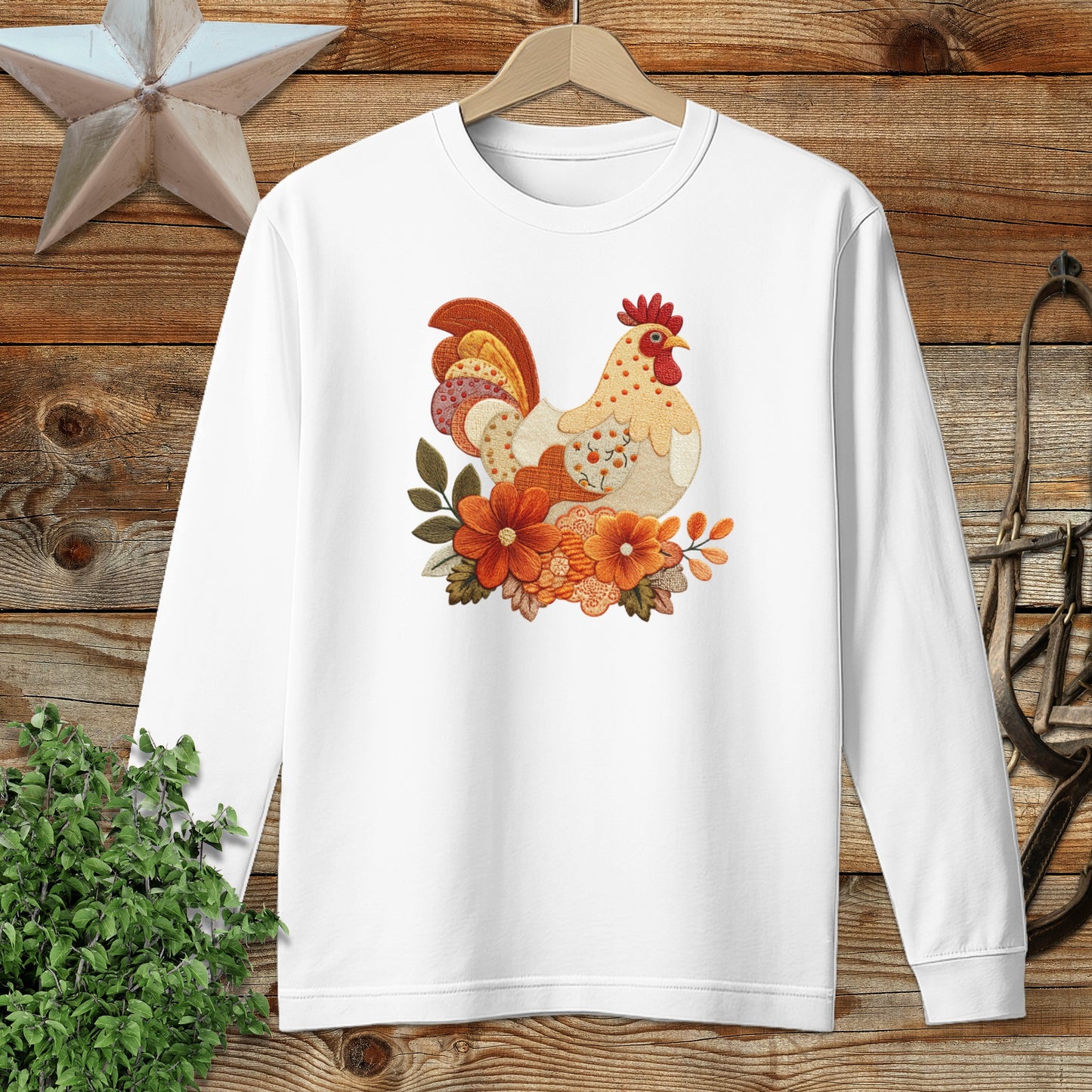 Faux Embroidery Fall Chicken Long Sleeve Tee