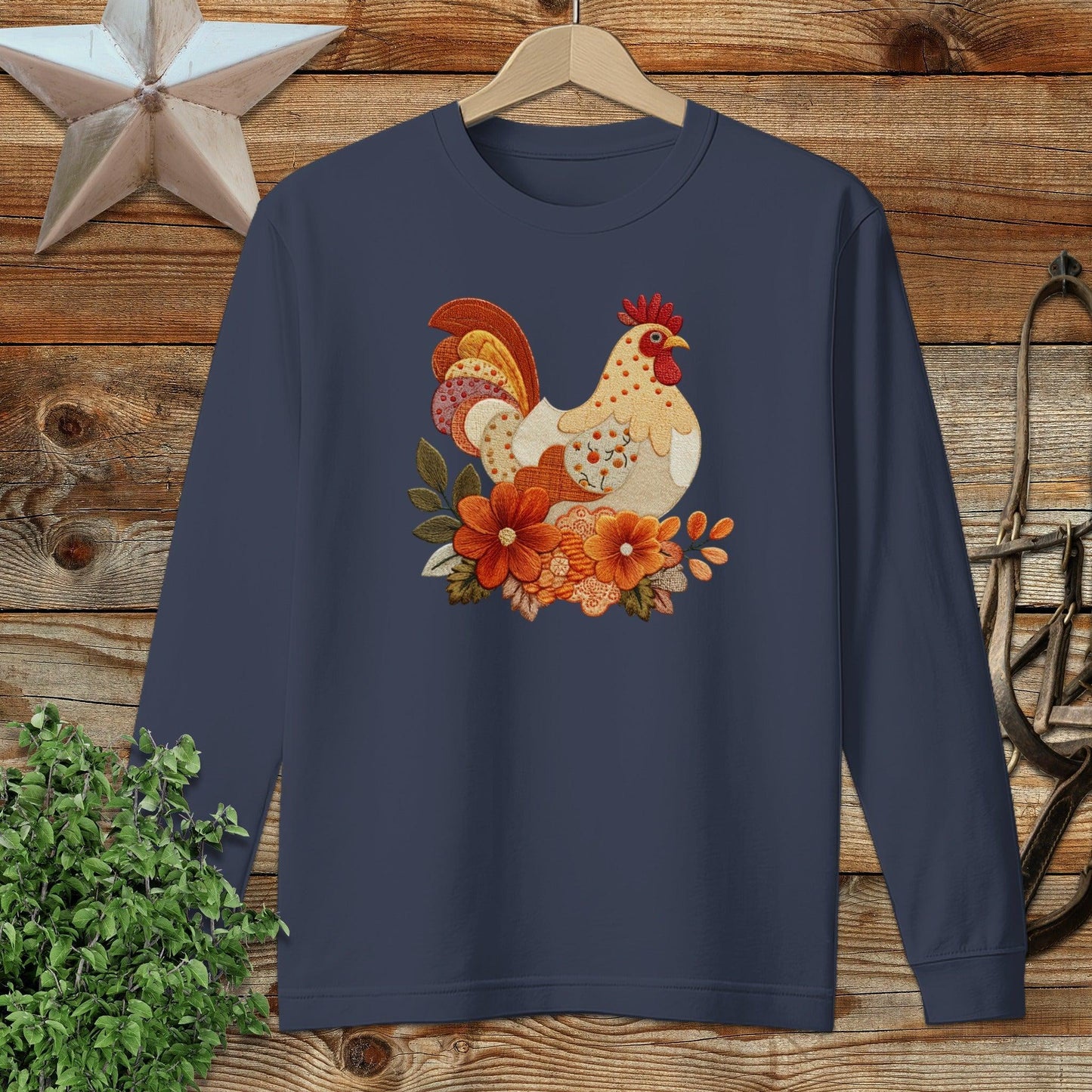 Faux Embroidery Fall Chicken Long Sleeve Tee