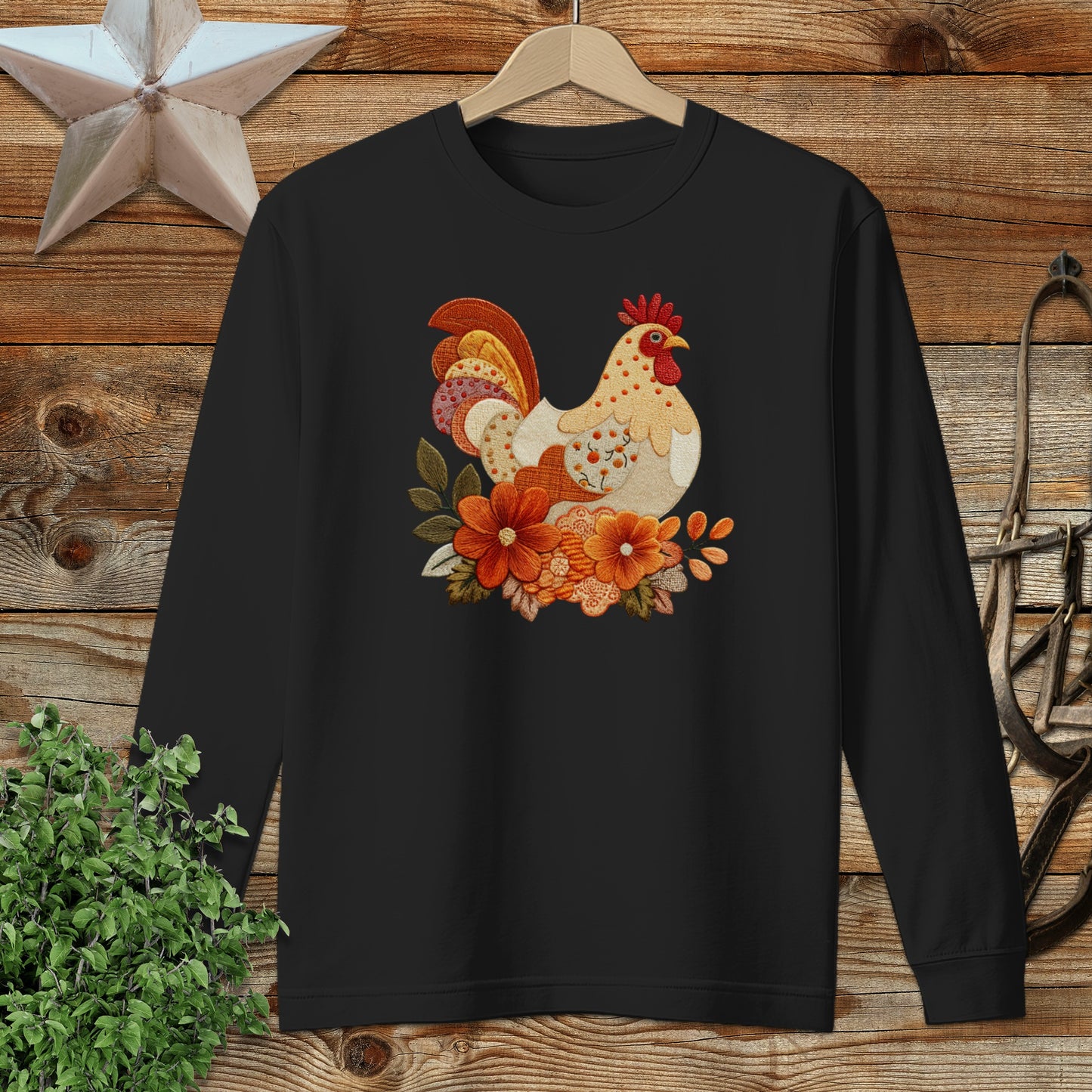 Faux Embroidery Fall Chicken Long Sleeve Tee