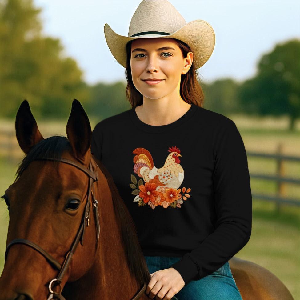 Faux Embroidery Fall Chicken Long Sleeve Tee