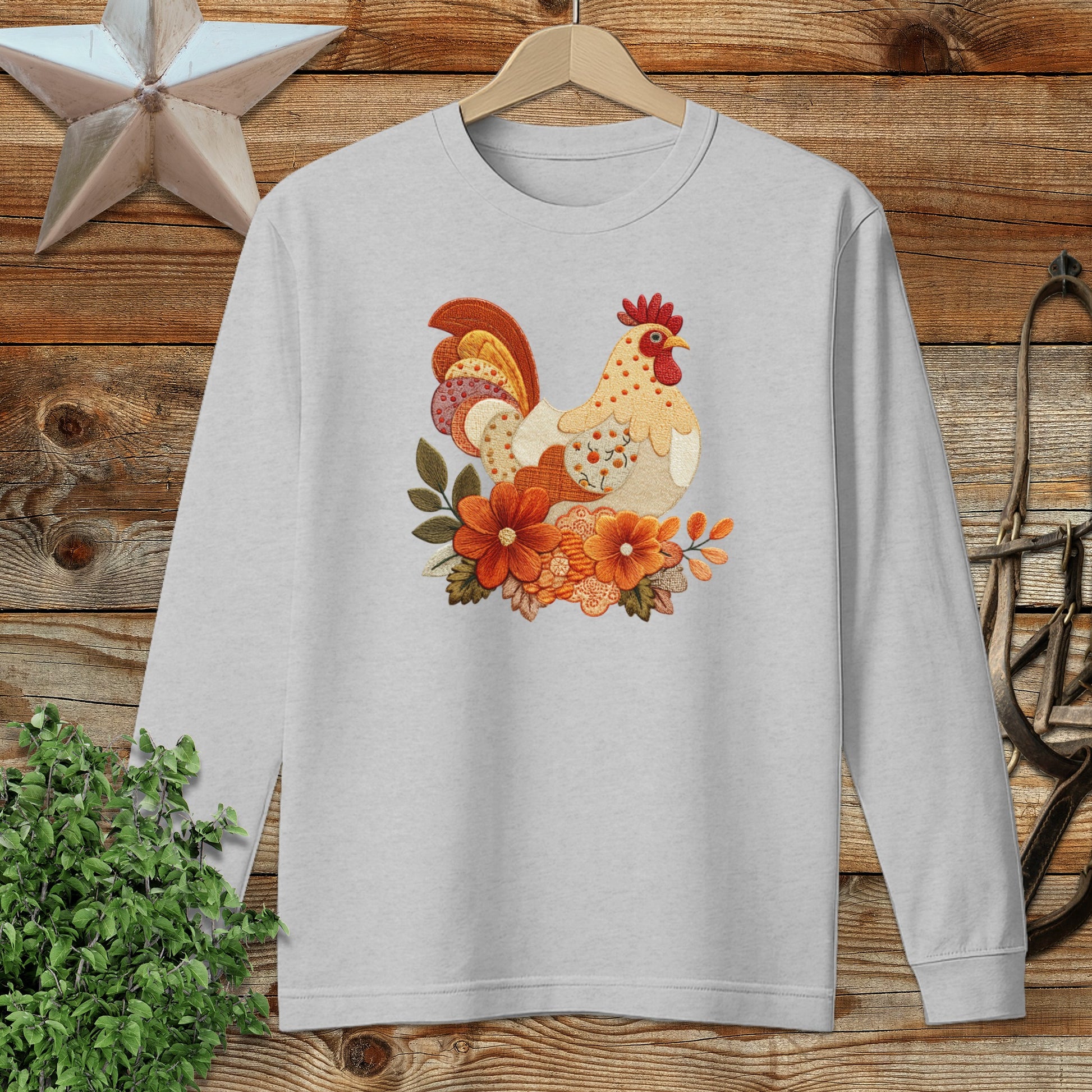 Faux Embroidery Fall Chicken Long Sleeve Tee
