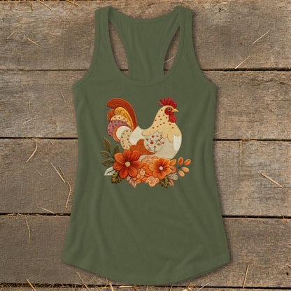 Olive green racerback tank top featuring an embroidered rooster surrounded by autumn flowers.