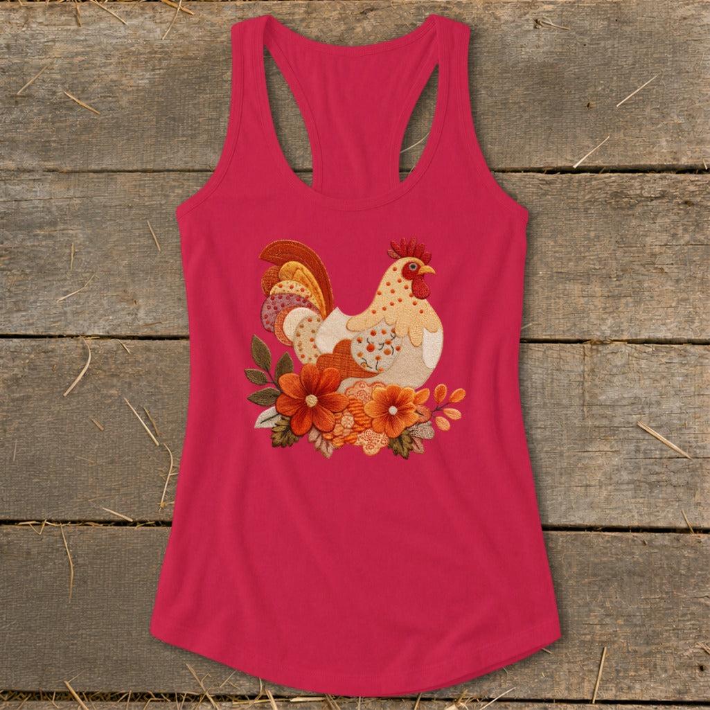A red racerback tank top featuring a graphic of a rooster surrounded by autumn flowers.