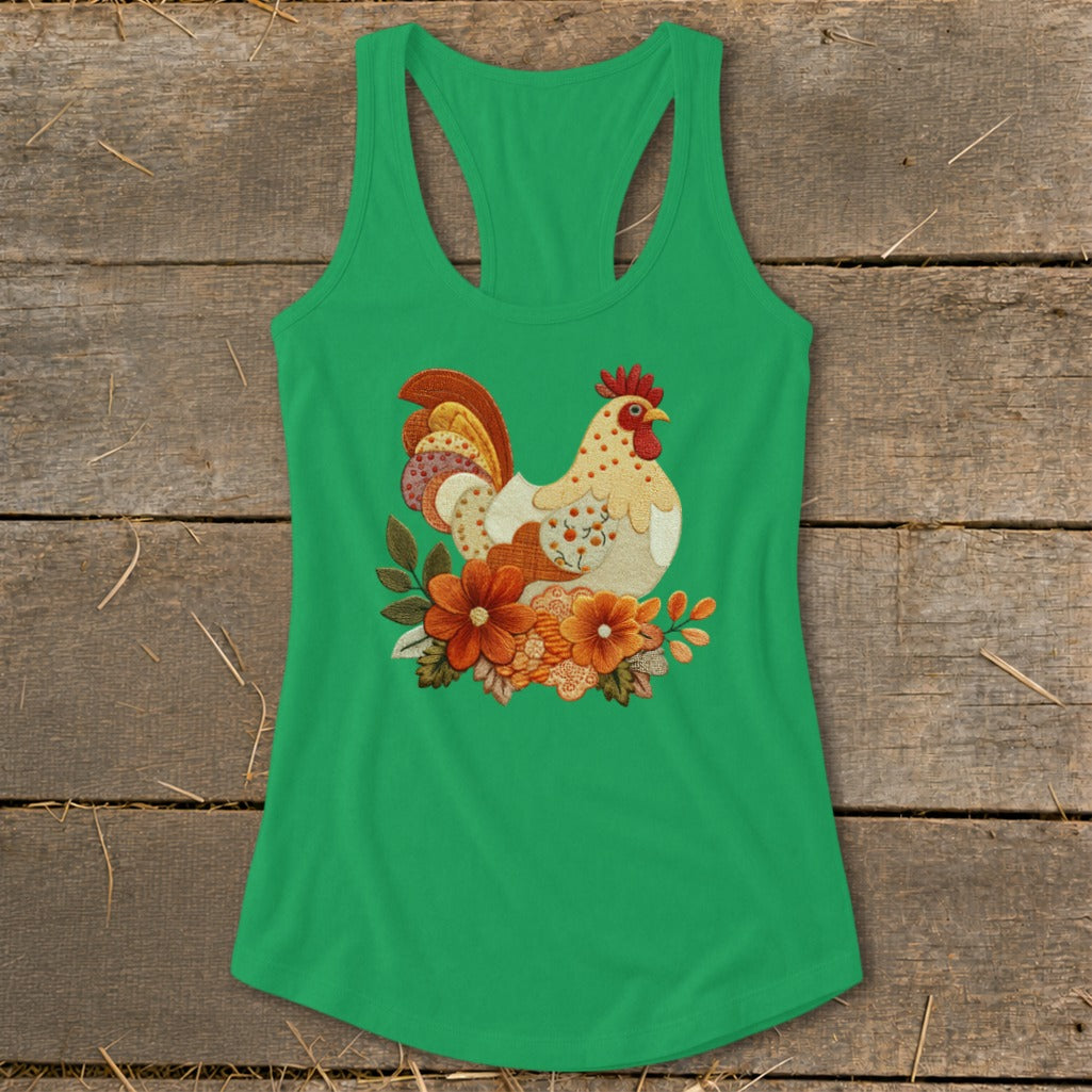 A green racerback tank top featuring an embroidered rooster and flowers graphic centered on a wooden surface.