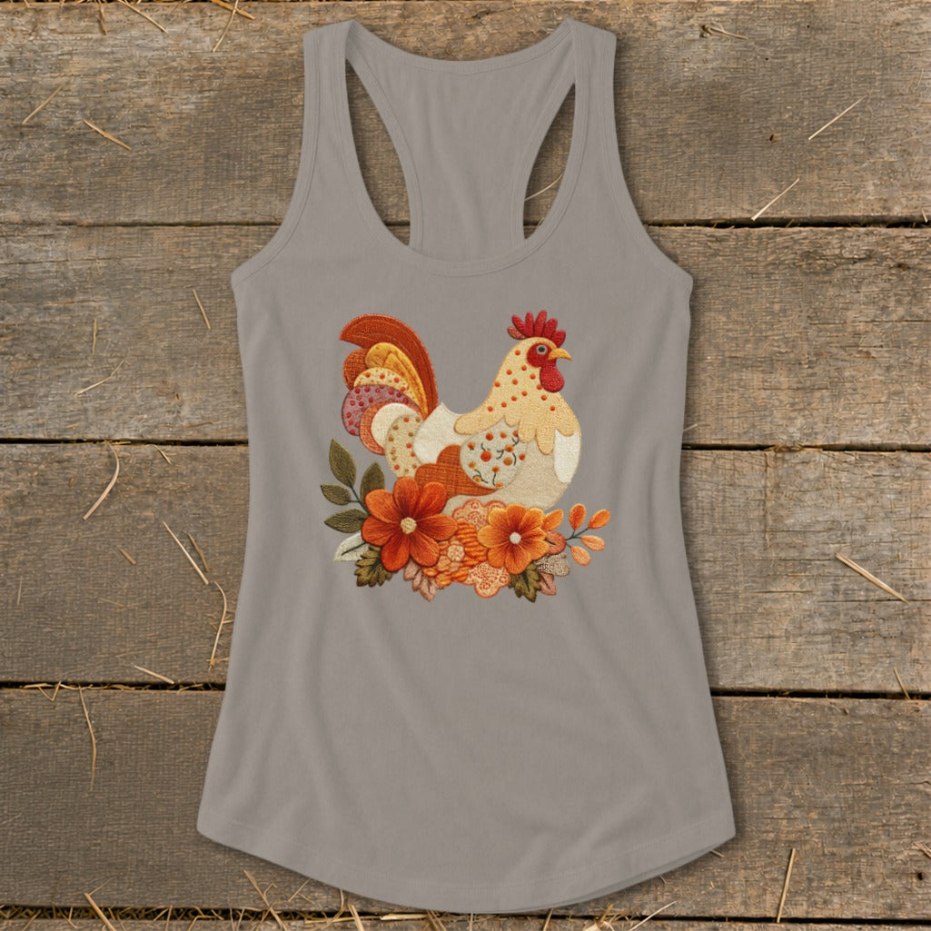 Gray racerback tank top featuring an embroidered rooster and autumn flowers on the front.