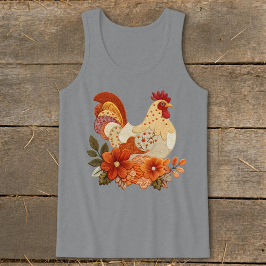 Faux Embroidery Fall Chicken Tank Top - Graphite Heather