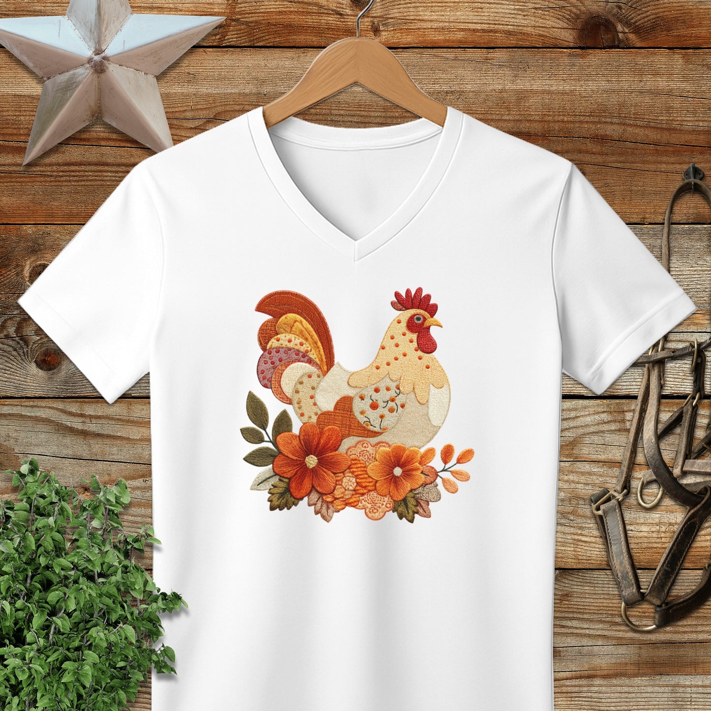 Faux Embroidery Fall Chicken V-neck