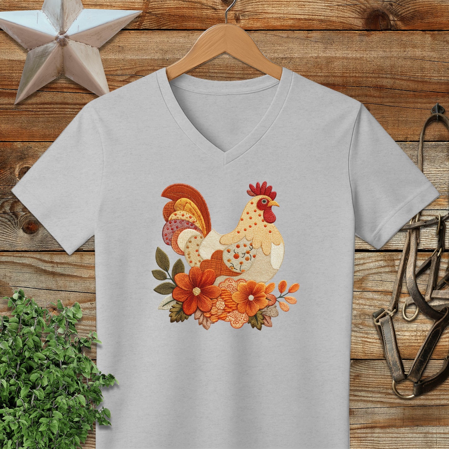 Faux Embroidery Fall Chicken V-neck