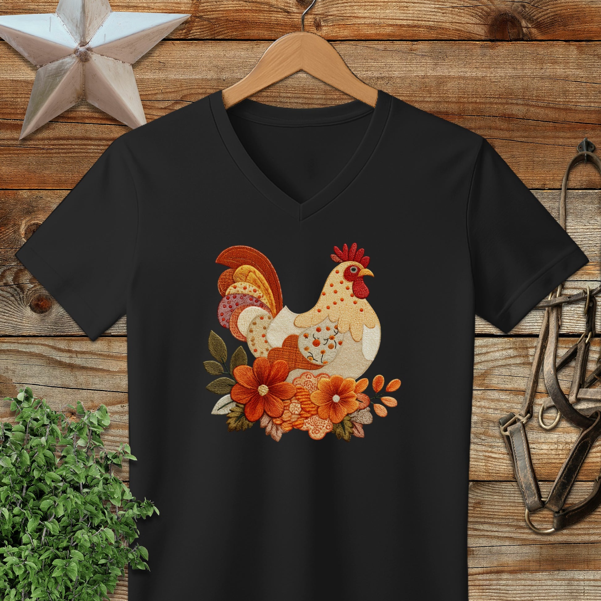 Faux Embroidery Fall Chicken V-neck