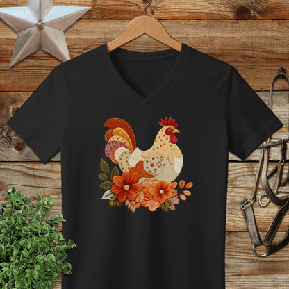 Faux Embroidery Fall Chicken V-neck