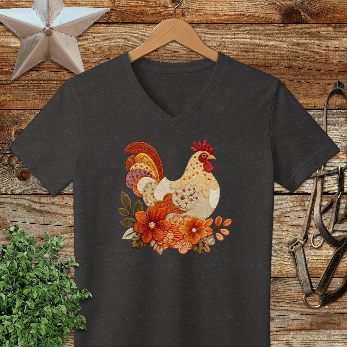 Faux Embroidery Fall Chicken V-neck