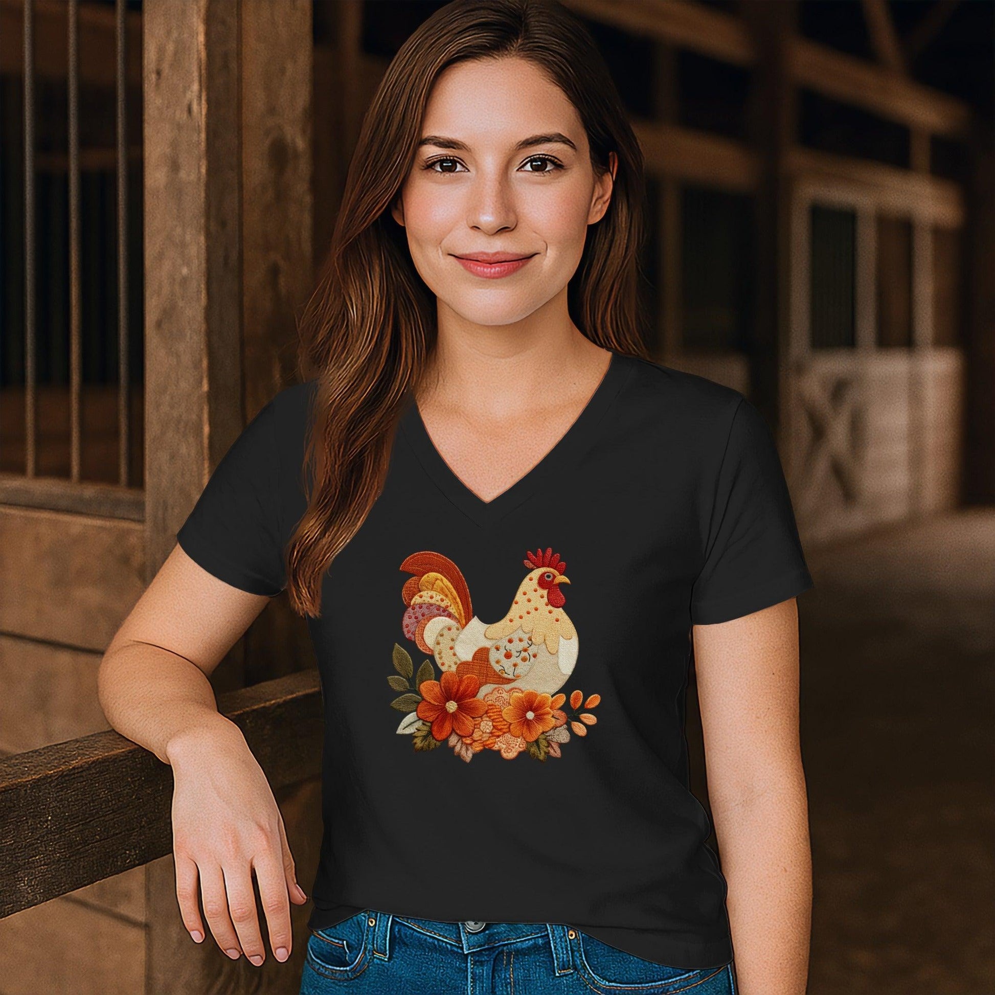 Faux Embroidery Fall Chicken V-neck