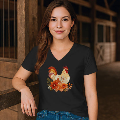 Faux Embroidery Fall Chicken V-neck