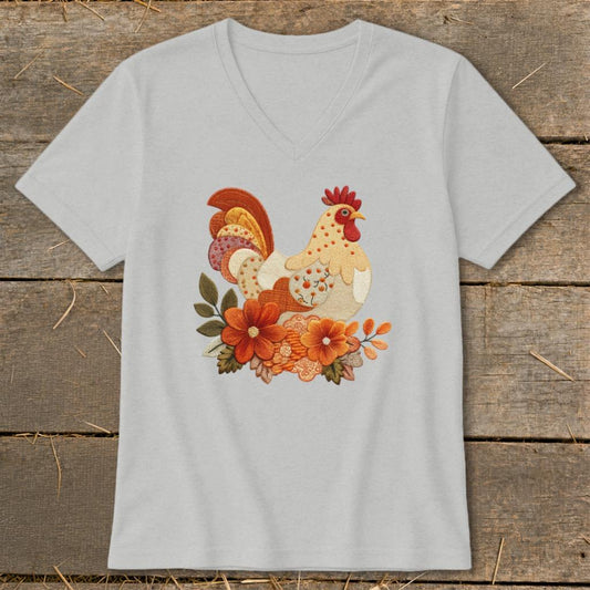 Faux Embroidery Fall Chicken V-neck - Athletic Heather