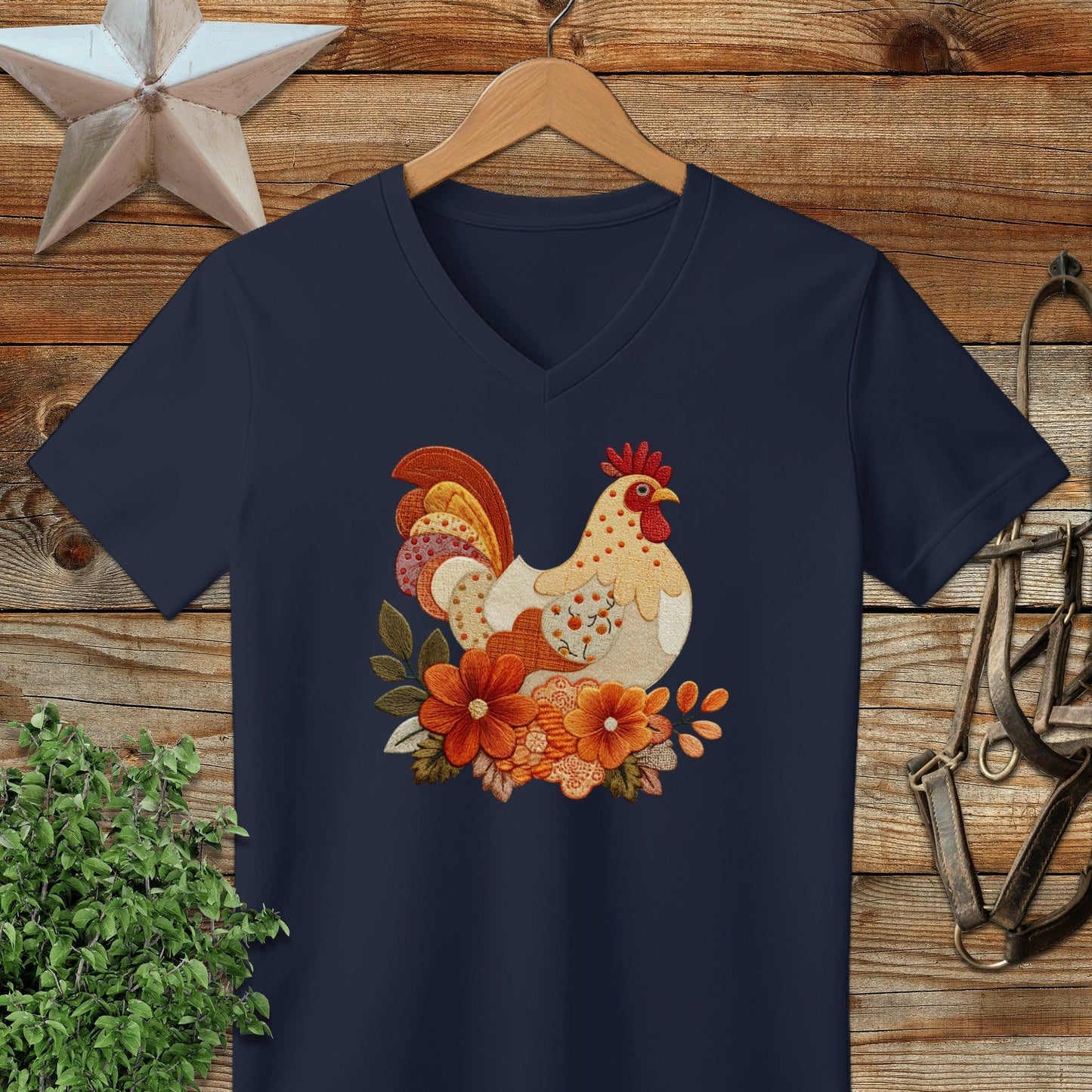 Faux Embroidery Fall Chicken V-neck