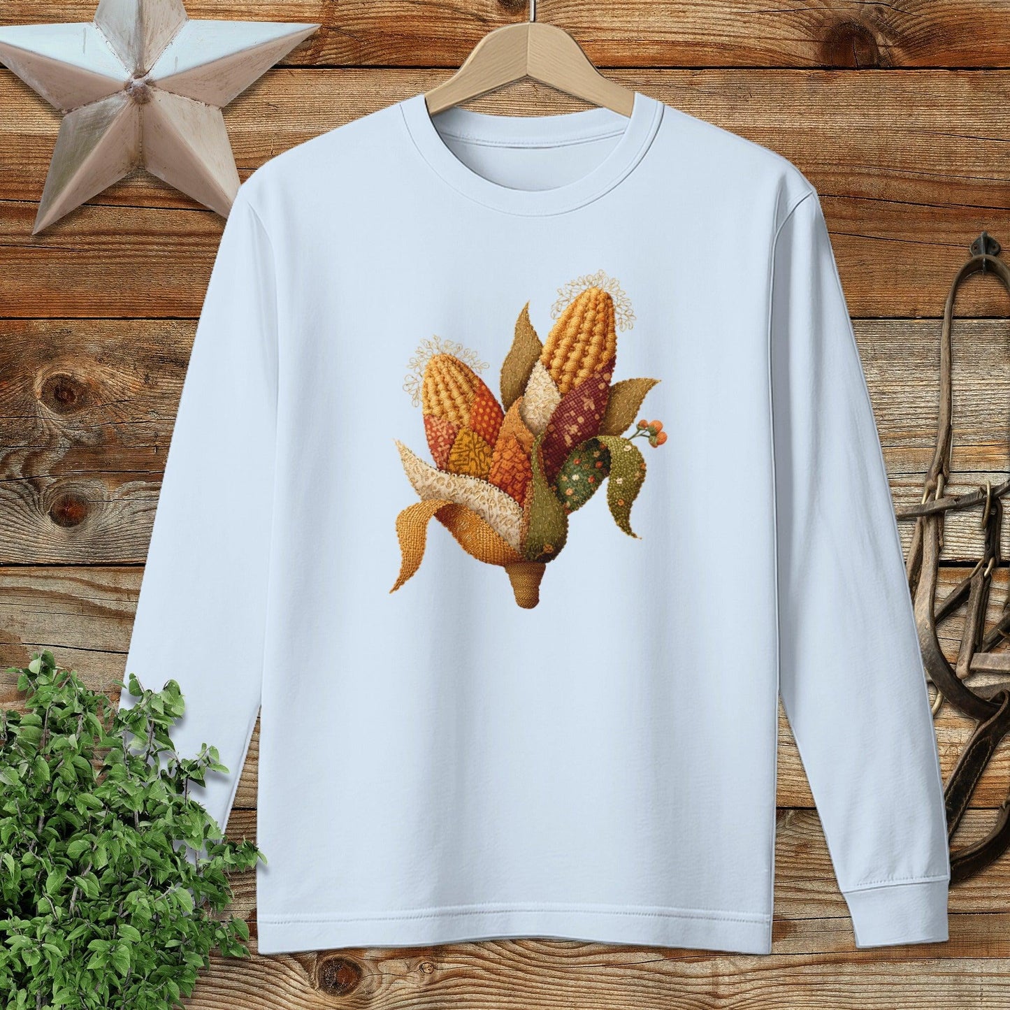 Faux Embroidery Fall Corn Stalk Long Sleeve Tee