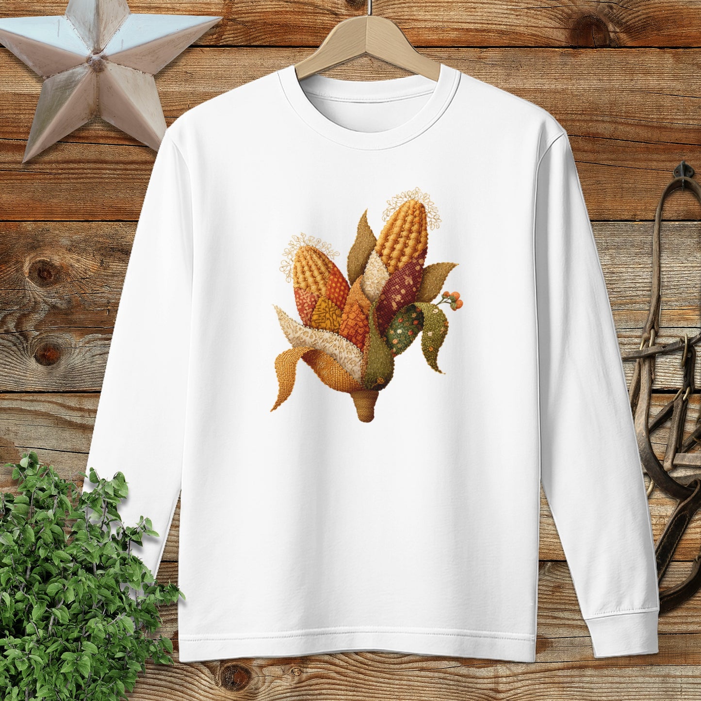 Faux Embroidery Fall Corn Stalk Long Sleeve Tee