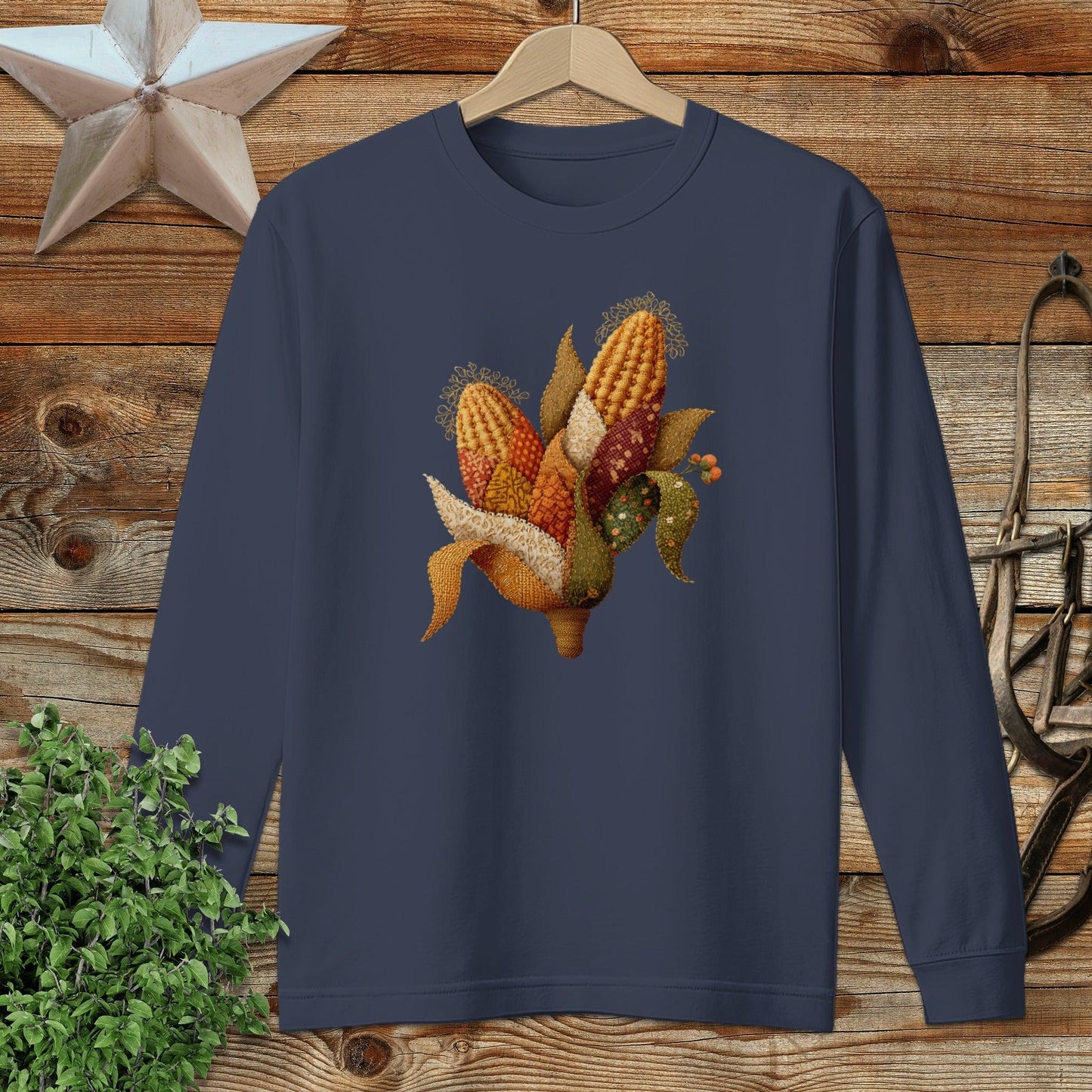 Faux Embroidery Fall Corn Stalk Long Sleeve Tee