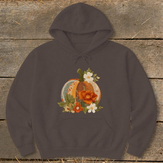 Faux Embroidery Fall Pumpkin Hoodie - Dark Chocolate