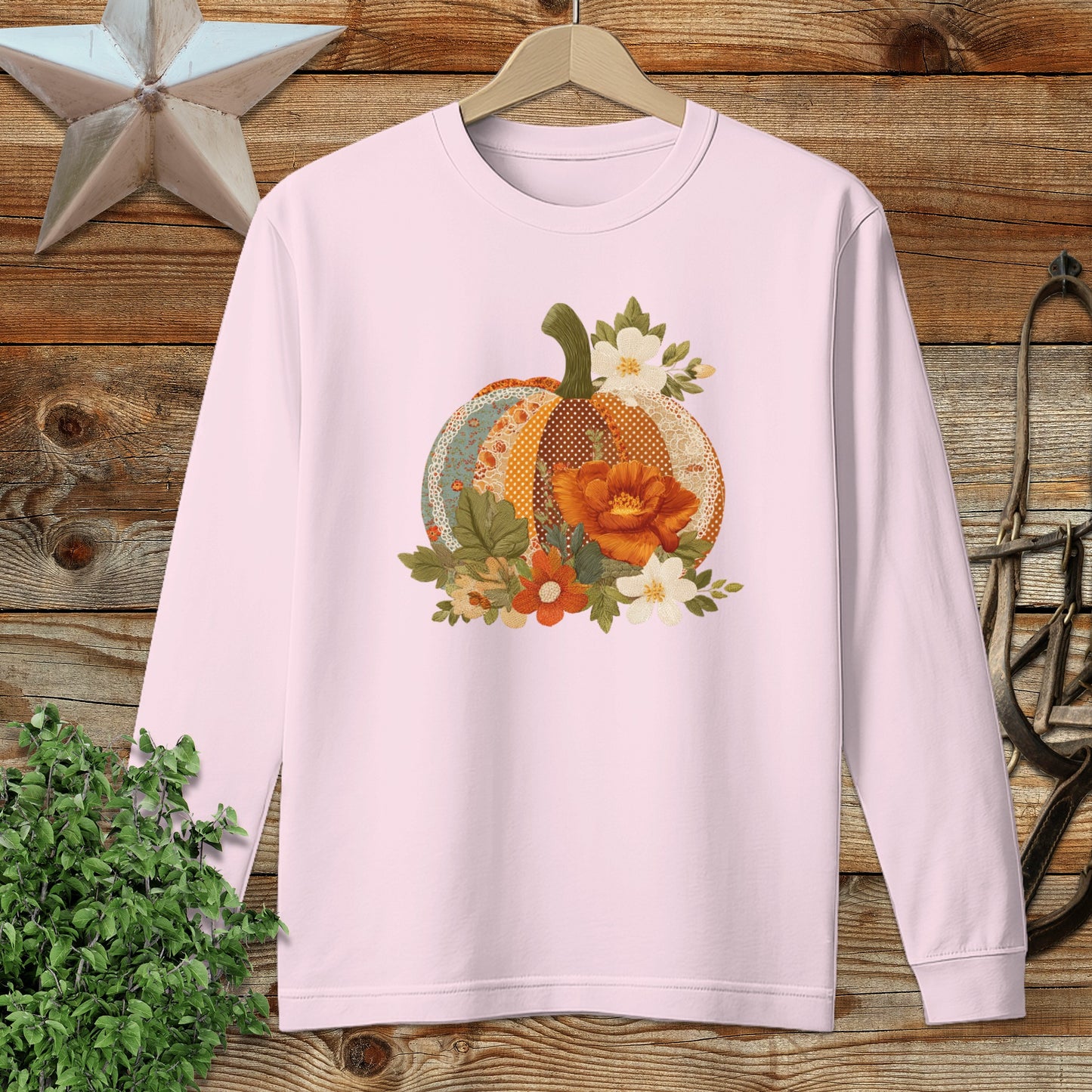 Faux Embroidery Fall Pumpkin Long Sleeve Tee