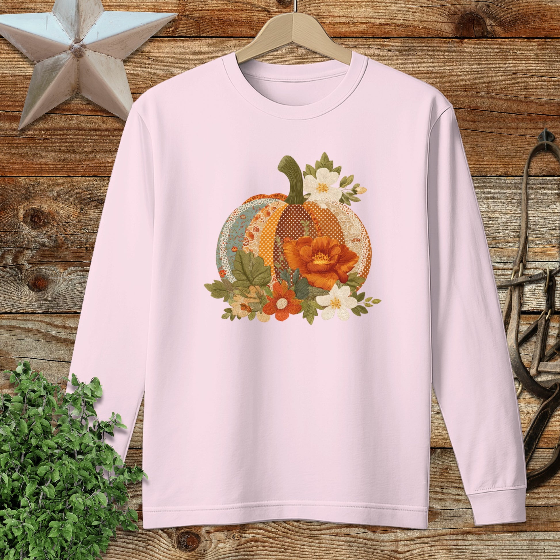 Faux Embroidery Fall Pumpkin Long Sleeve Tee