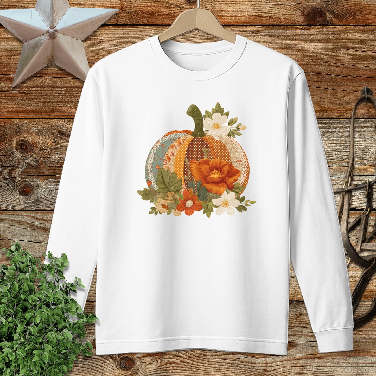 Faux Embroidery Fall Pumpkin Long Sleeve Tee