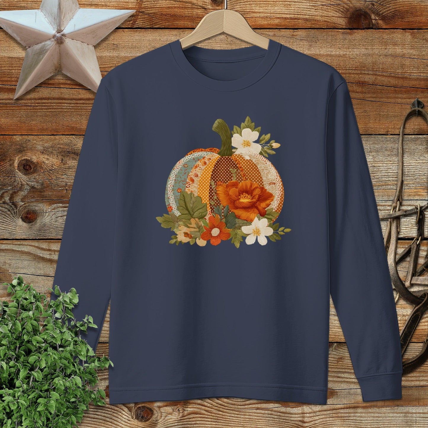 Faux Embroidery Fall Pumpkin Long Sleeve Tee