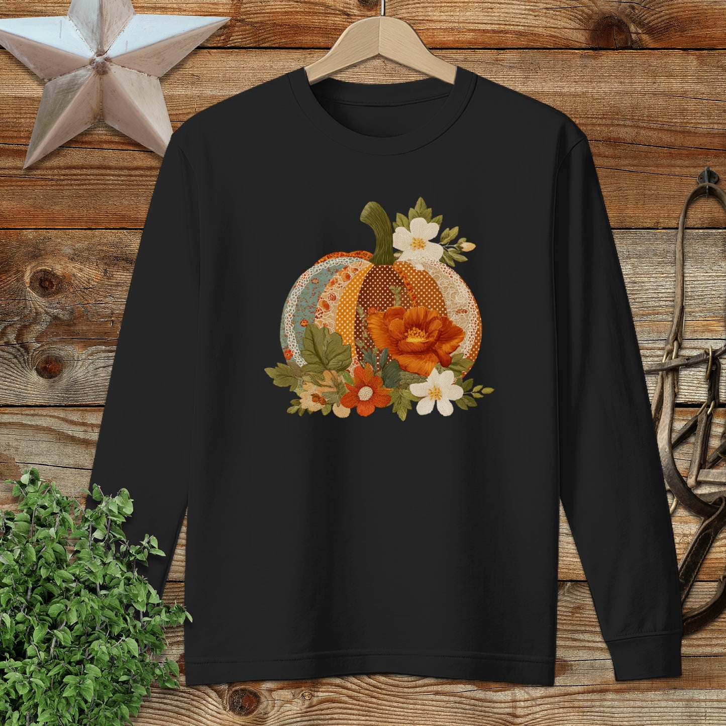 Faux Embroidery Fall Pumpkin Long Sleeve Tee