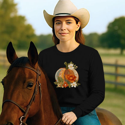 Faux Embroidery Fall Pumpkin Long Sleeve Tee