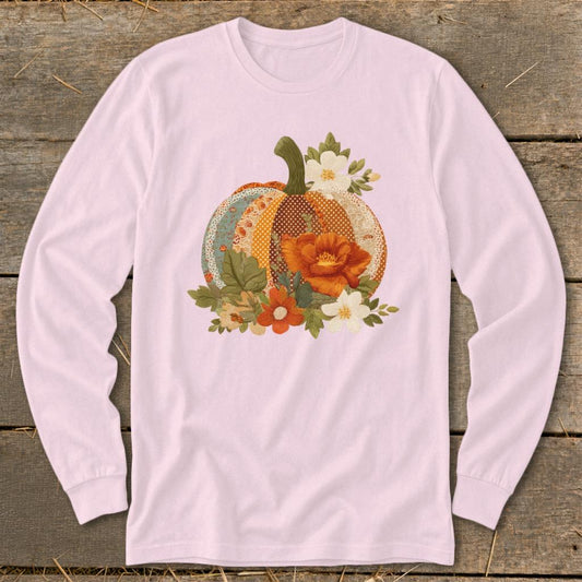 Faux Embroidery Fall Pumpkin Long Sleeve Tee - Light Pink