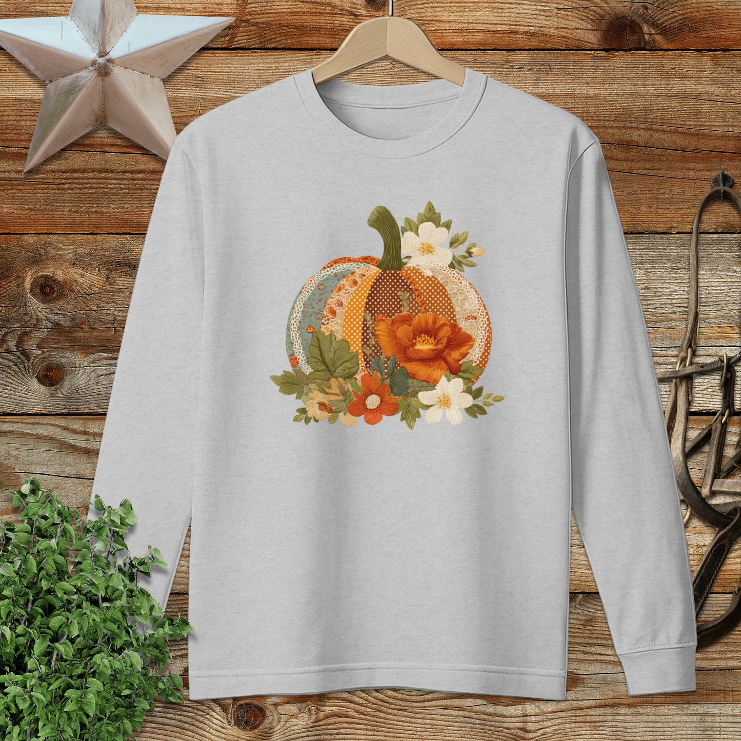 Faux Embroidery Fall Pumpkin Long Sleeve Tee