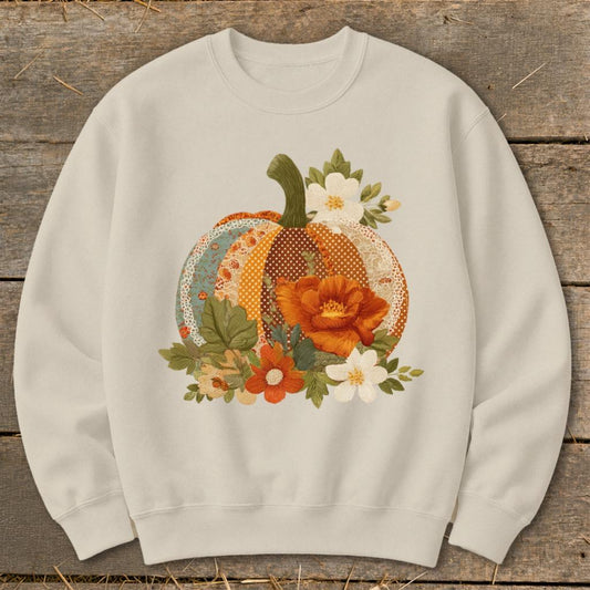 Faux Embroidery Fall Pumpkin Sweatshirt - Sand