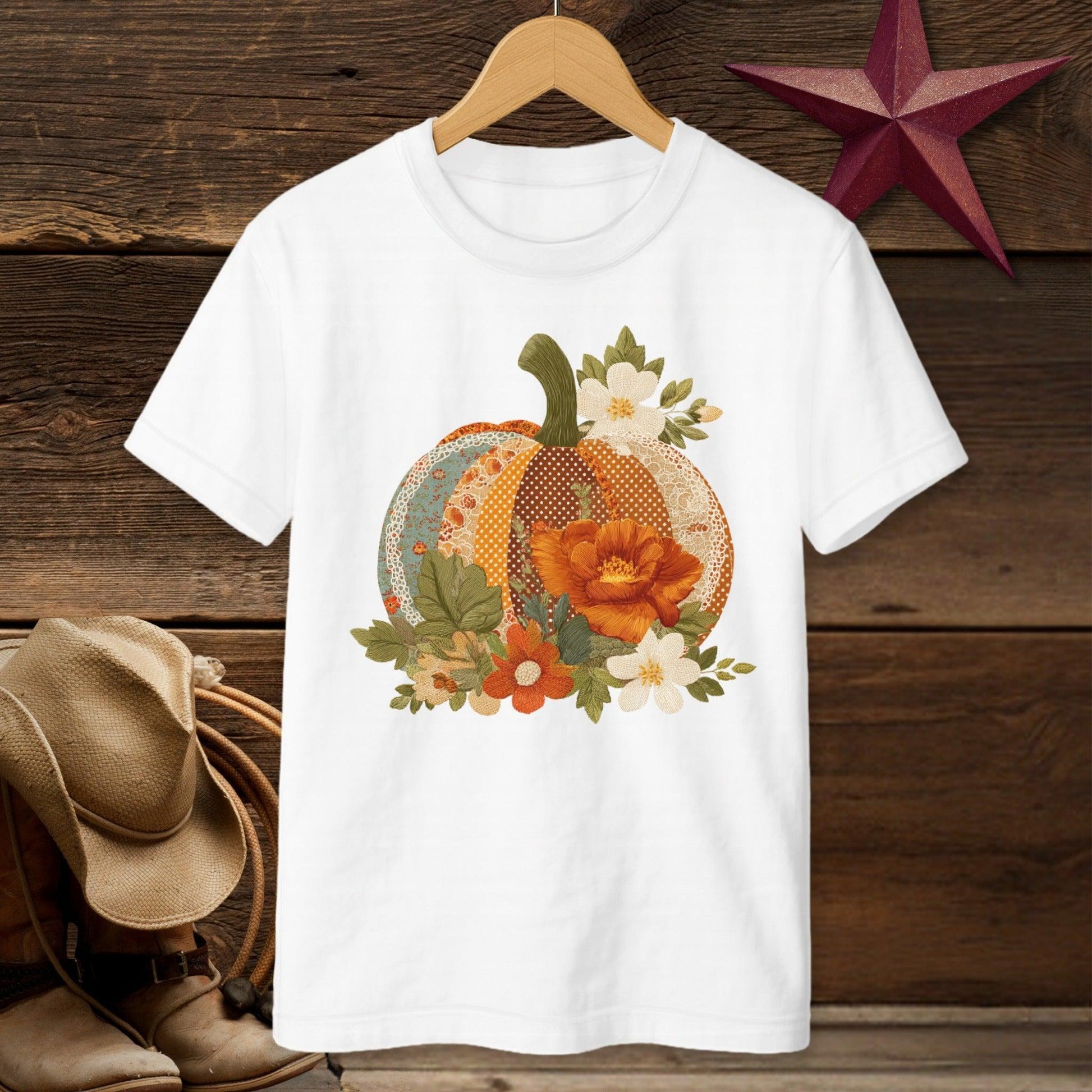 Faux Embroidery Fall Pumpkin T-Shirt (Youth)