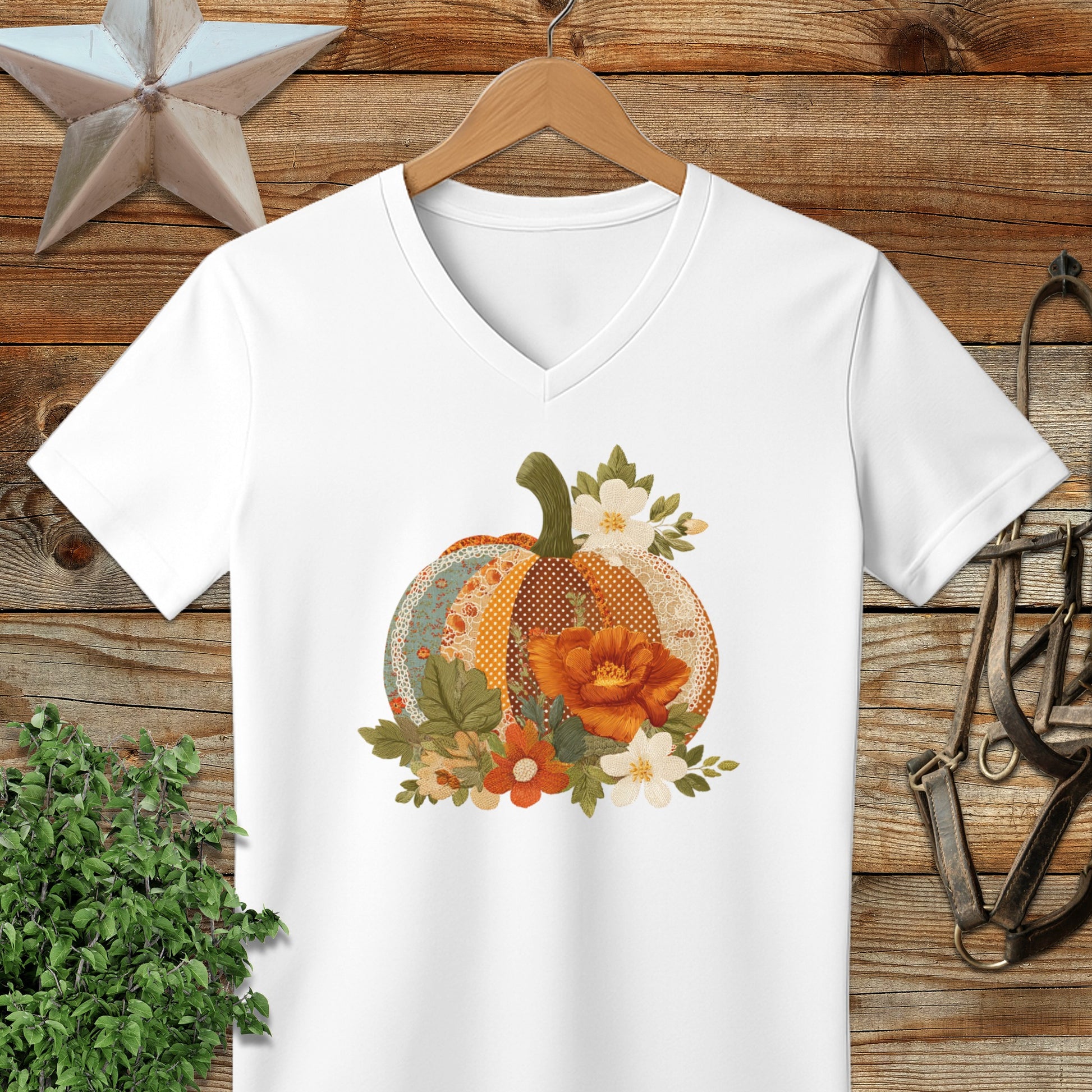 Faux Embroidery Fall Pumpkin V-neck