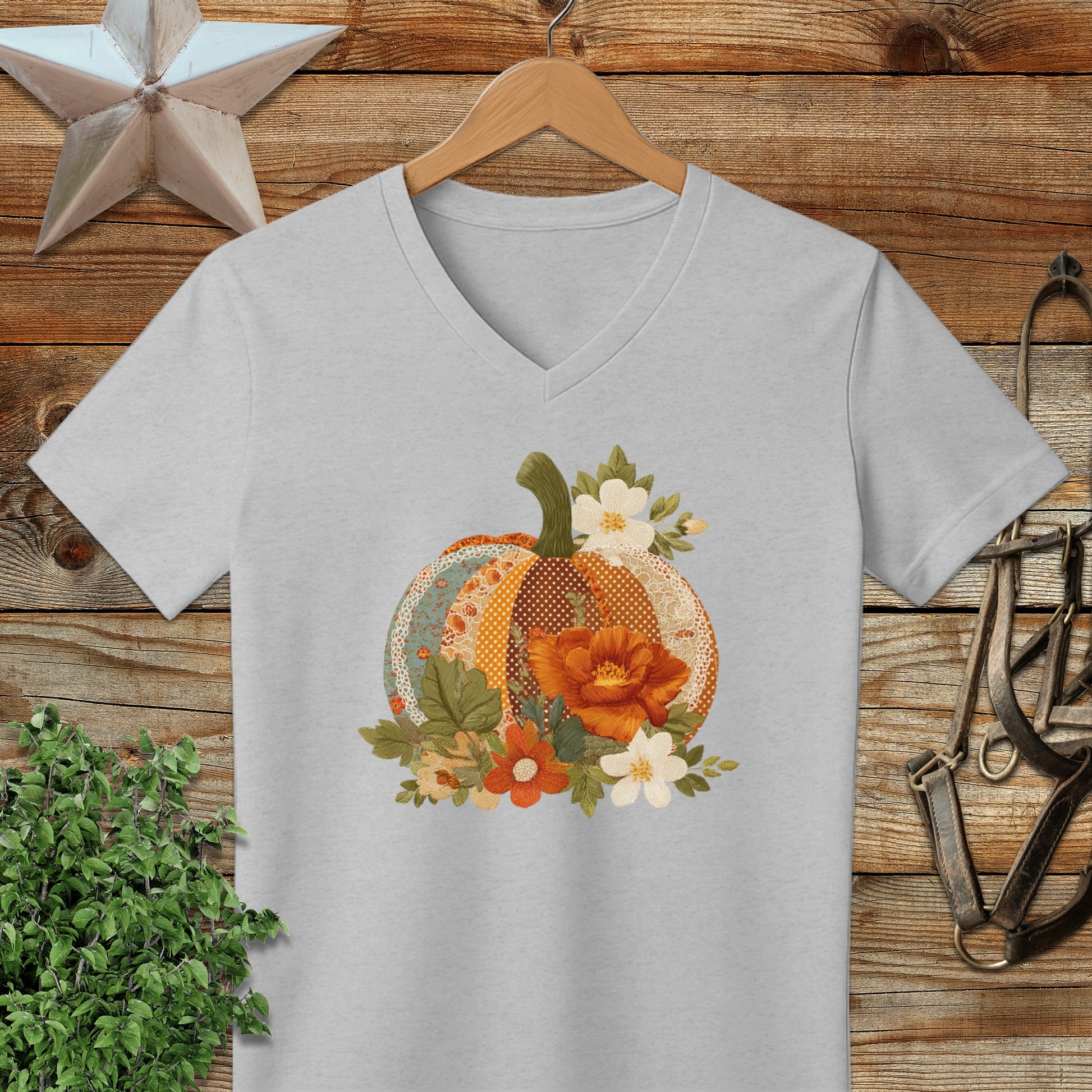 Faux Embroidery Fall Pumpkin V-neck