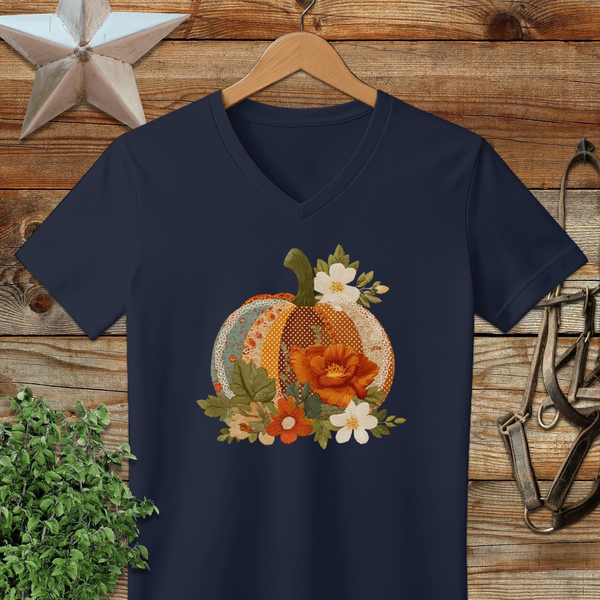 Faux Embroidery Fall Pumpkin V-neck