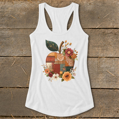 White tank top with a patchwork apple and floral design.