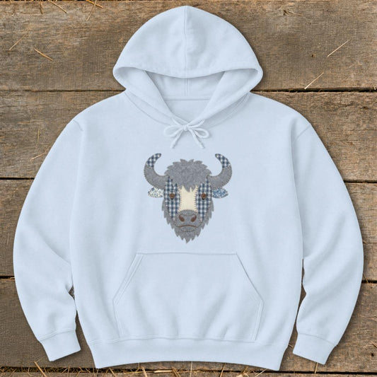 Faux Patchwork Bison Hoodie - Light Blue